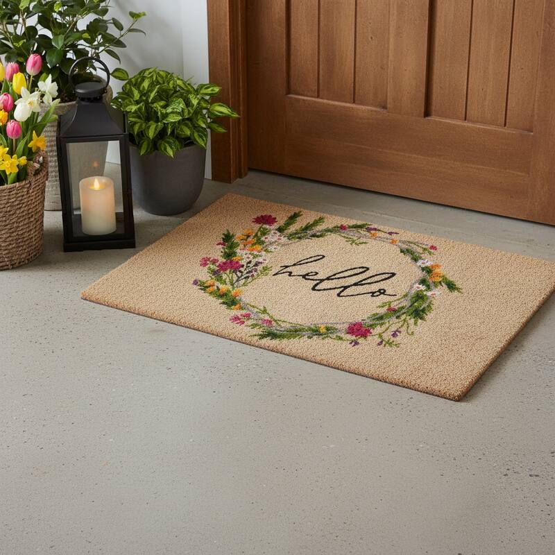 HomeRoots 18" X 30" Brown Green And Black Floral Hello Outdoor Coir Door Mat - 18.00' X '30.00 - 18.00' X '30.00