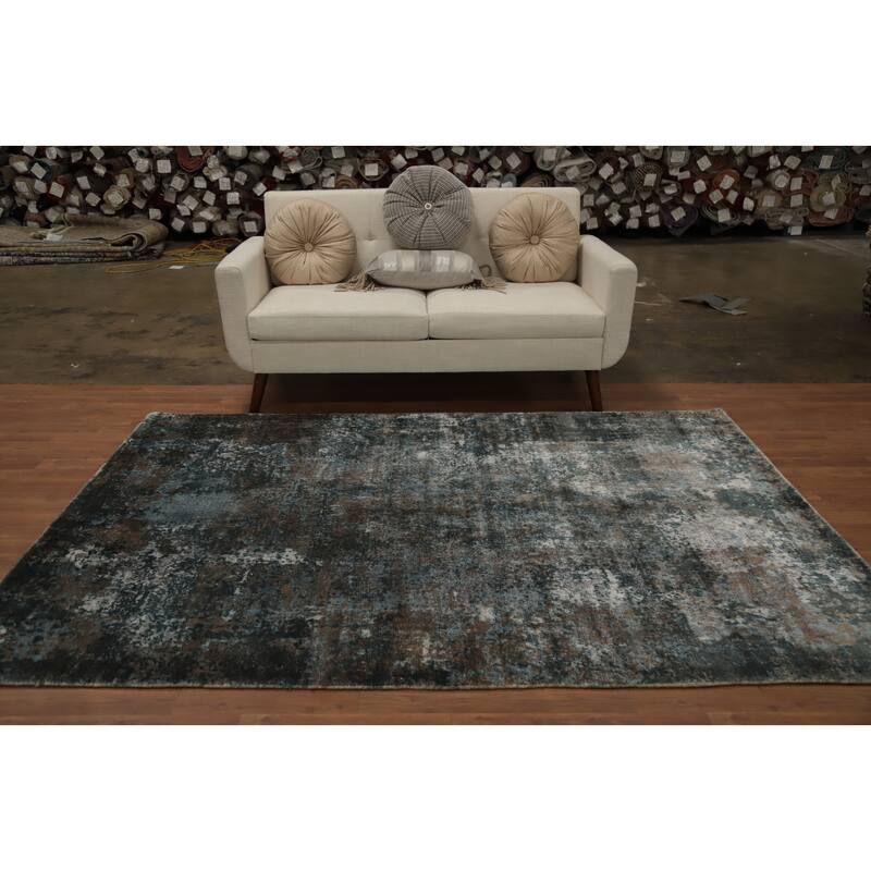 Hand Knotted Oriental Viscose Silk Carpet Modern All-Over Greys & Charcoal Abstract Area Rug - 7' 10'' X 5' 6''