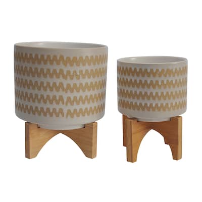 Beige and Tan Ceramic Planters with Natural Wood Stands (Set of 2)