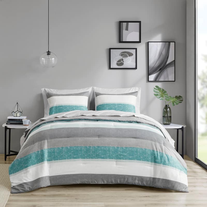 Madison Park Essentials Deacon Comforter Set with Bed Sheets - Aqua/Grey - Twin