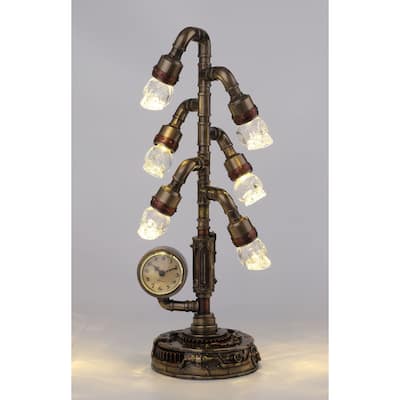 Veronese Design 17.13" H STEAMPUNK CRYSTAL SKULL SIX BRANCH CLOCK STAND (WITH LED) Cold Cast Bronze and Glass