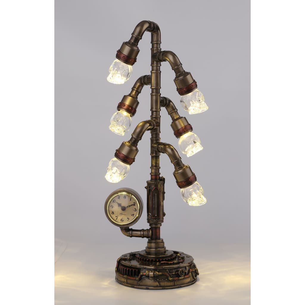 Veronese Design 17.13" H STEAMPUNK CRYSTAL SKULL SIX BRANCH CLOCK STAND (WITH LED) Cold Cast Bronze and Glass