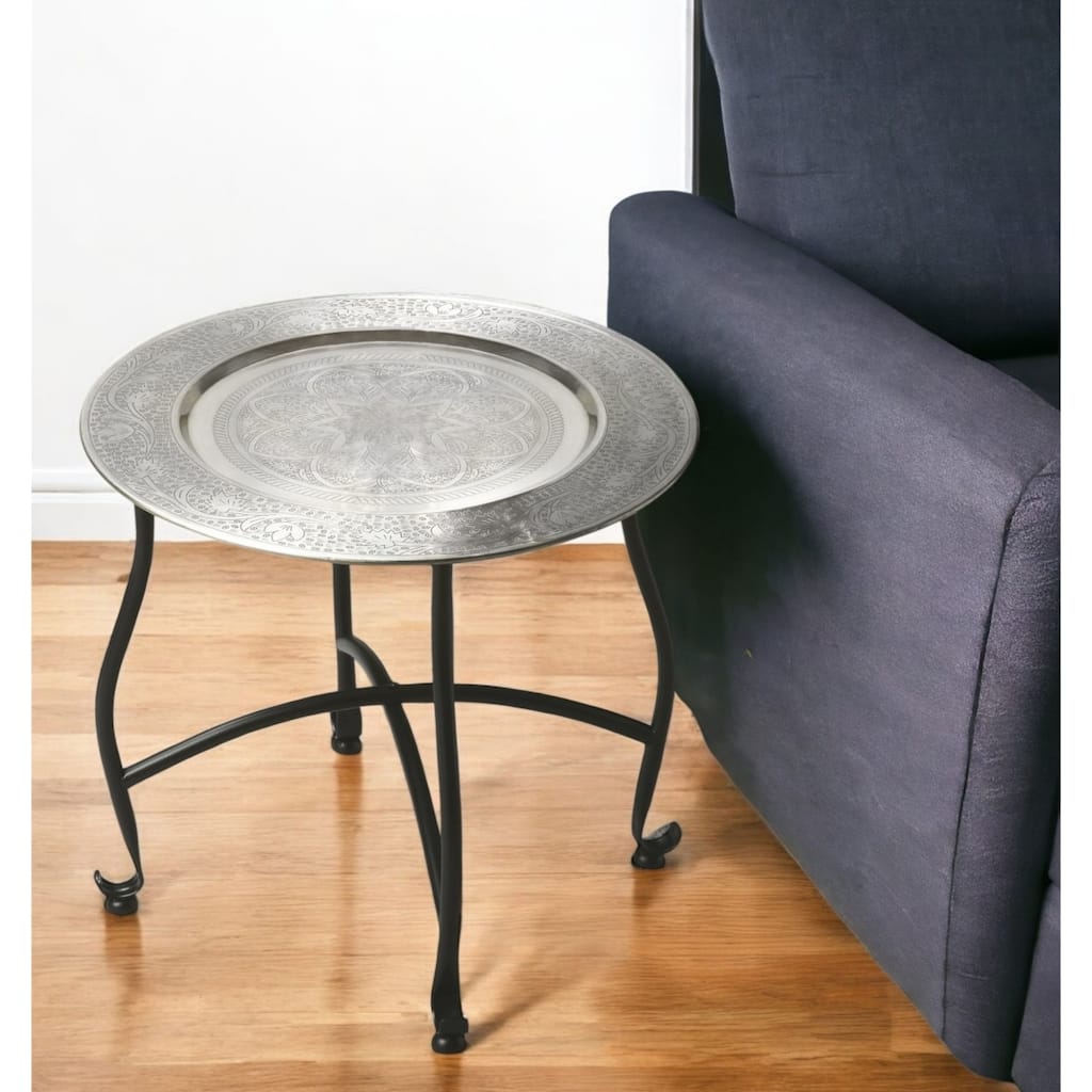 Rustic 14" Round Aluminum Top End Table with Black Iron 4-Leg Base for Living Room or Bedroom - 14"H x 16"W x 16"D