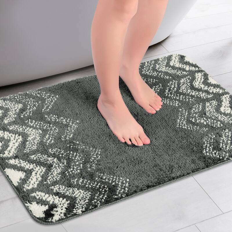 Absorbent Bath Mat Rug, Geometric Patterns Bathroom Mat, Non-Slip Carpet for Kitchen, Shower, Sink - Dark Grey - 20" x 32"