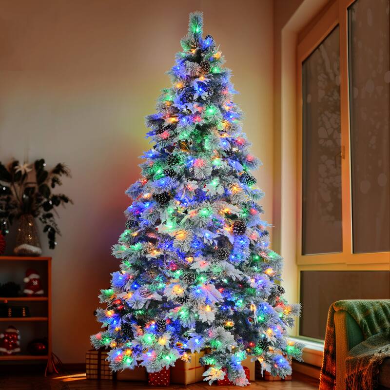 7.5FT Pre-Lit Spruce Snow Flocked Christmas Tree with Pine Cones,745 Branch Tips,450 Multi-Color LED Lights,11 Flashing Modes