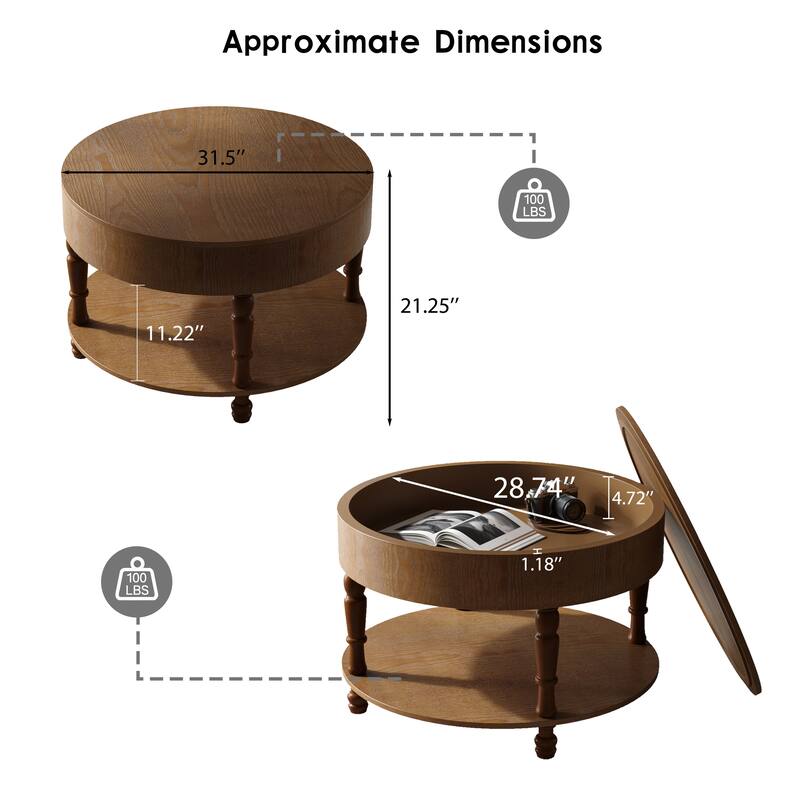 Round Coffee Table Center Table with Storage and Hidden Compartment, Walnut Brown Sofa Table Side Table End Table