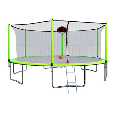 15FT Trampoline with Basketball Hoop Inflator and Ladder(Inner Safety Enclosure) Green