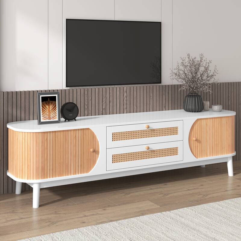 Rattan TV Stand Console Table with Storage Cabinets for TVs up to 75'' - 66.93" x 15.55" x 18.11"