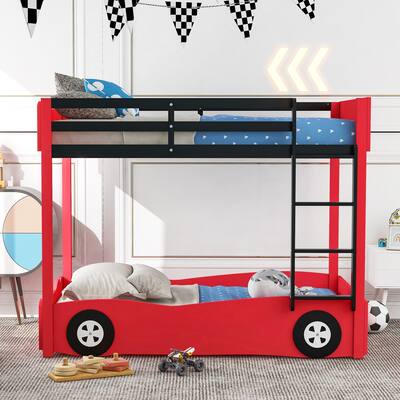 Red Twin Size Car-Shaped Wood Bunk Bed with Wheels