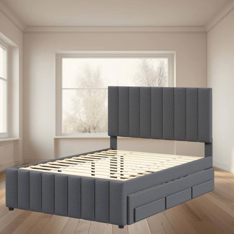 Full Size Upholstered Platform Bed Frame with Twin Size Trundle and 3 Storage Drawer, Linen Fabric for Comfort and Style