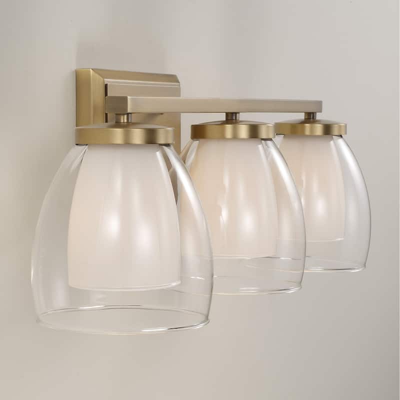 25.5" W x 8.25" H 3-Light Vanity in Aged Brass with Layered White and Clear Glass - 25.5"W x 8.25"H x 8"E