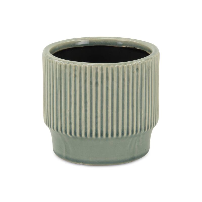 HomeRoots Green Ceramic 41 Ounce Striped Round Distressed Pot Planter - 5.50 in. x 5.25 in. x 5.50 in.