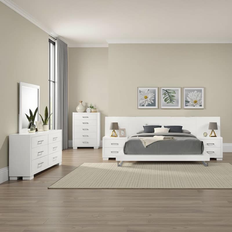 Bela 6 Piece Queen Bedroom Set, LED Lit Bedframe, Snow White Wood