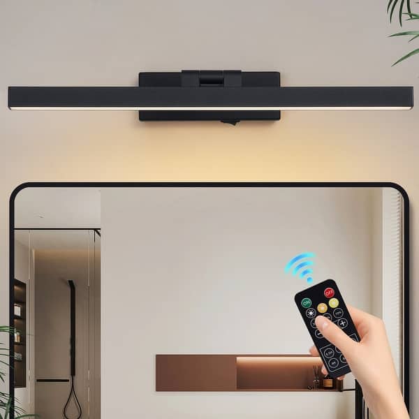 slide 2 of 24, Modern Wireless LED Vanity Light 3CCT Dimmable, Remote Control, Rechargeable, Easy Magnetic Installation Black