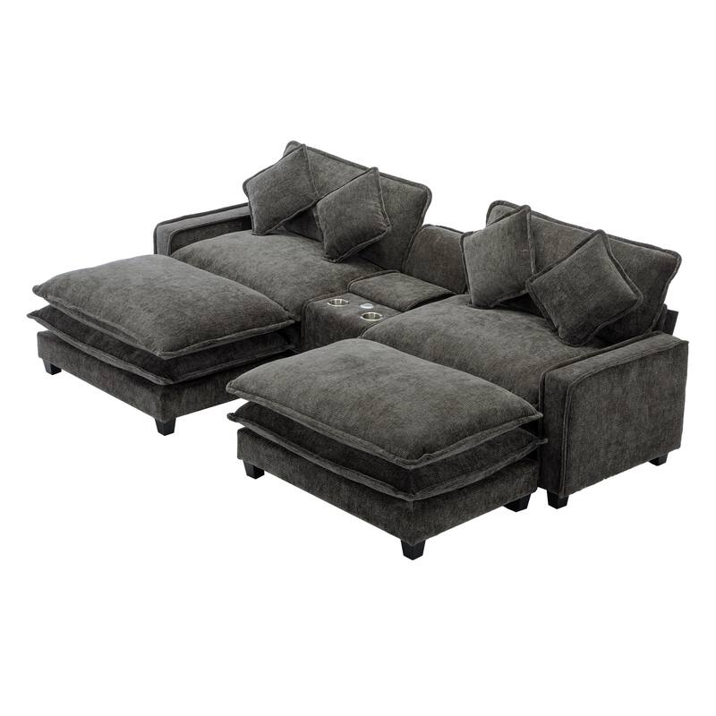 111" Chenille Sectional Sofa with 2 Ottomans, USB Ports and Storage - 4-Seater and Pocket Spring Cushions Cup Holders