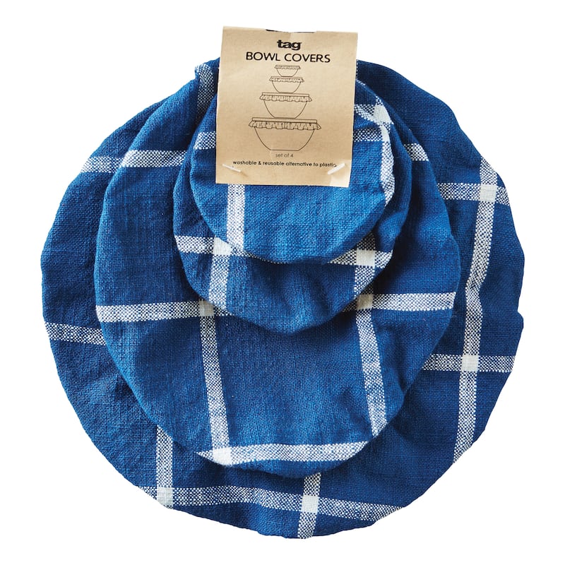 Classic Check Bowl Covers Set of 4 - Navy Blue Cotton Kitchen Textiles, Dishwasher Safe Food Wrap & Storage