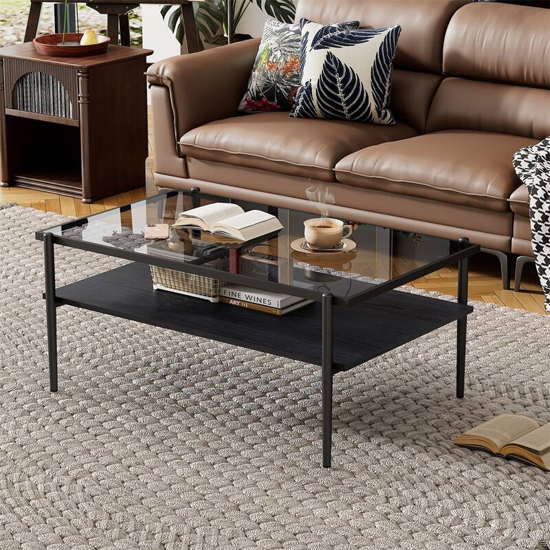 Rectangle Coffee Table with Tempered Glass top and Metal Legs