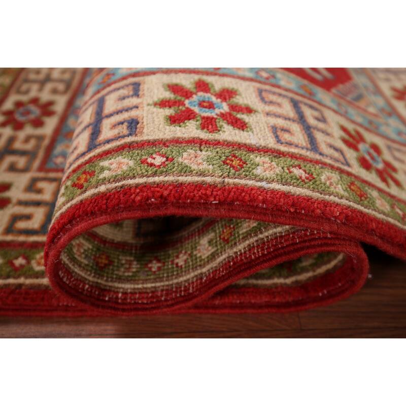 Red Geometric Kazak Foyer Rug Hand-Knotted Oriental Wool Carpet - 2'9" x 4'0"