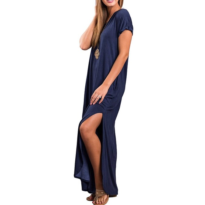 women's casual loose pocket long dress short sleeve split maxi dresses