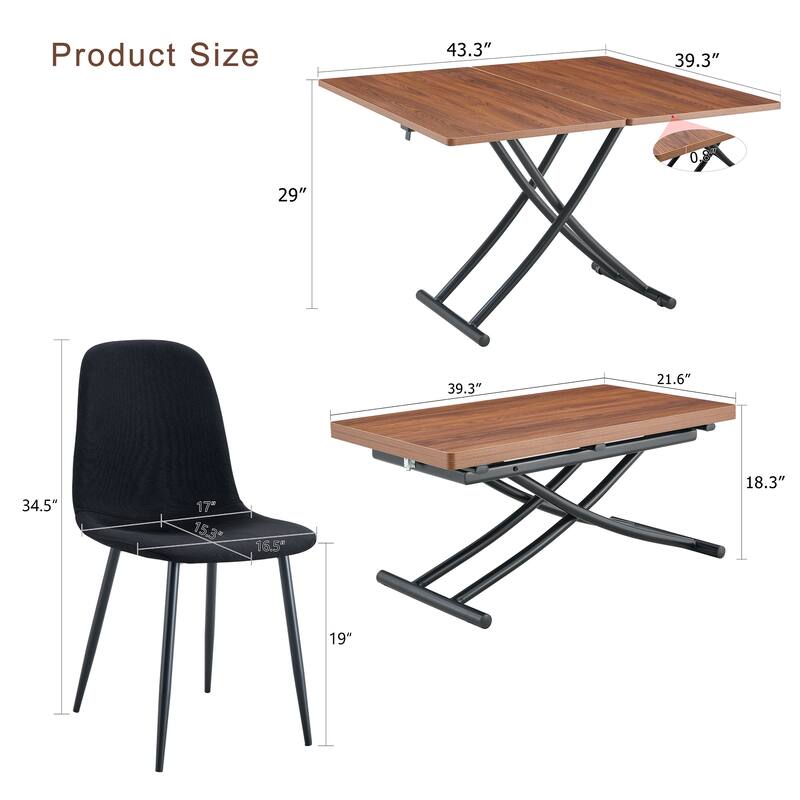 5-Piece Modern Lift Top Dining Table Set, Square Folding Wood Table with Metal Legs & 4 Linen Chairs for Small Spaces