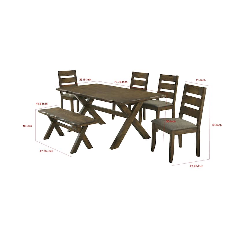 Siny 6pc Dining Table Set, Nutmeg Brown Finish, 4 Padded Chairs and Bench