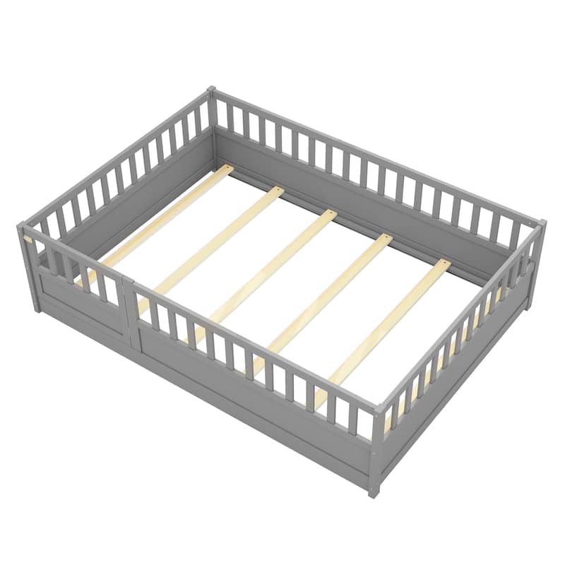 Floor Bed Pine Wood Bed Frame with Fence and Door Easy Assembly