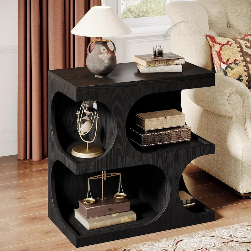 S-Shape End Table with 2-Tier Storage Shelf, Modern Side Tables, Retro Bedside Nightstands