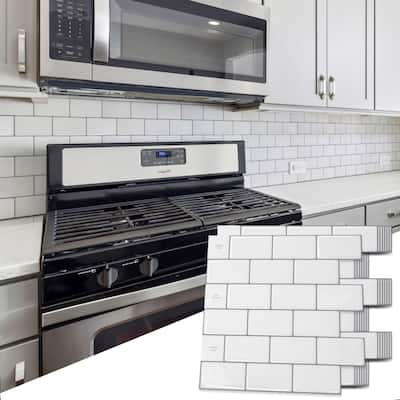 Art3d 12''x12'' Peel and Stick Backsplash Tile,Self-adhesive Subway Tiles for Kitchen,White with Gray Grout ,10pcs