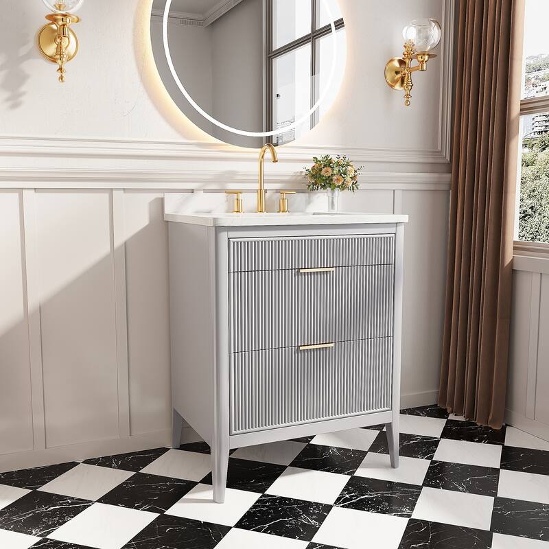 GDFStudio - Modern 30" Freestanding Bathroom Vanity with Engineered Carrara Marble Top & Integrated Sink, Fully Assembled