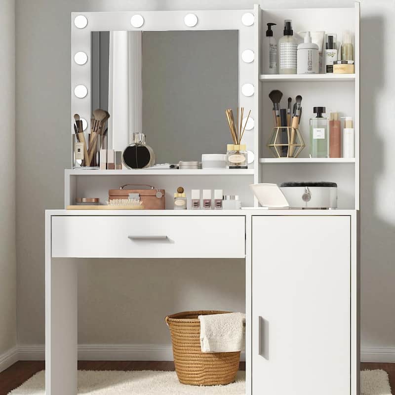 Makeup Vanity Table with Adjustable Lighting, Oversized Drawer, 3 Shelves and Cabinet Storage