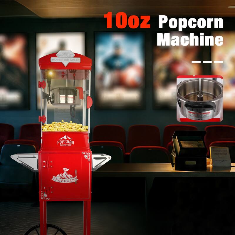 Popcorn Machine with Cart ,Wheels & 10 Oz Kettle Popcorn Maker Measuring 3 plastic spoon Home Theater Popcorn Machine