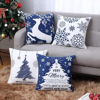 18x18 Inch 4 Pieces Christmas Pillow Covers, Cushion Covers for Sofa Couch, Blue