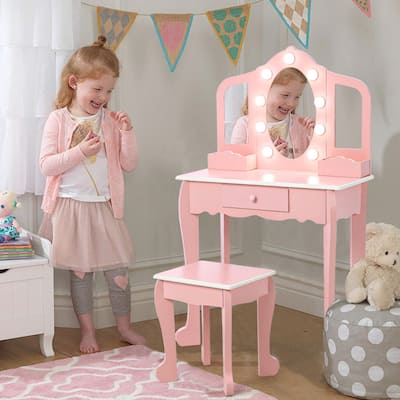 Kids' Vanity Set with 3 Mirrors and Light, Makeup Table and Stool