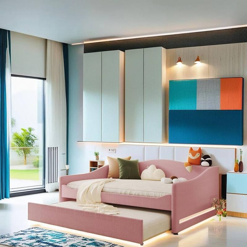 Full Size Upholstered Daybed with Light and Trundle - Pink