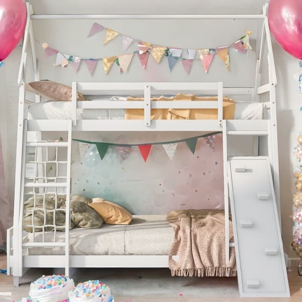 slide 2 of 16, Playful Design Twin over Queen House Bunk Bed with Climbing Nets and Climbing Ramp-White White