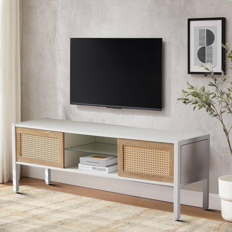 Classic Farmhouse Style Wooden TV Stand with Remote Control LED Light Strip - White+Natural