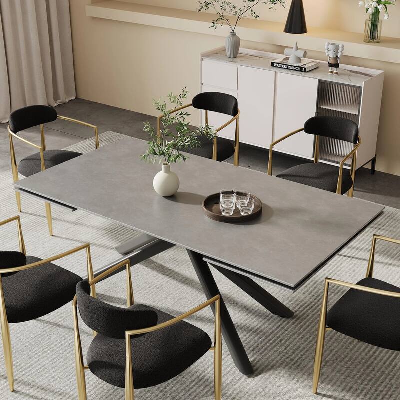 9 - Piece 102.36'' Extendable Rectangular Sintered Stone Dining Table with 8 Fabric Chairs Dining Set