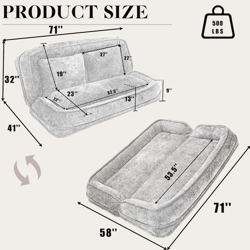 Pet Friendly Lazy Loveseat Sofa 2-in-1 Chenille Floor Couch Double Human Sleeper Bed with 5 Adjustable Position, Plump Pillows