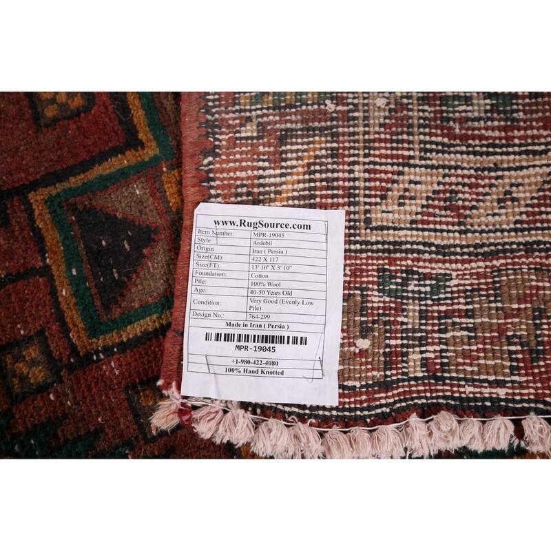 Brown Ardebil Persian Vintage Runner Rug Handmade Wool Carpet - 3'10" x 13'10"