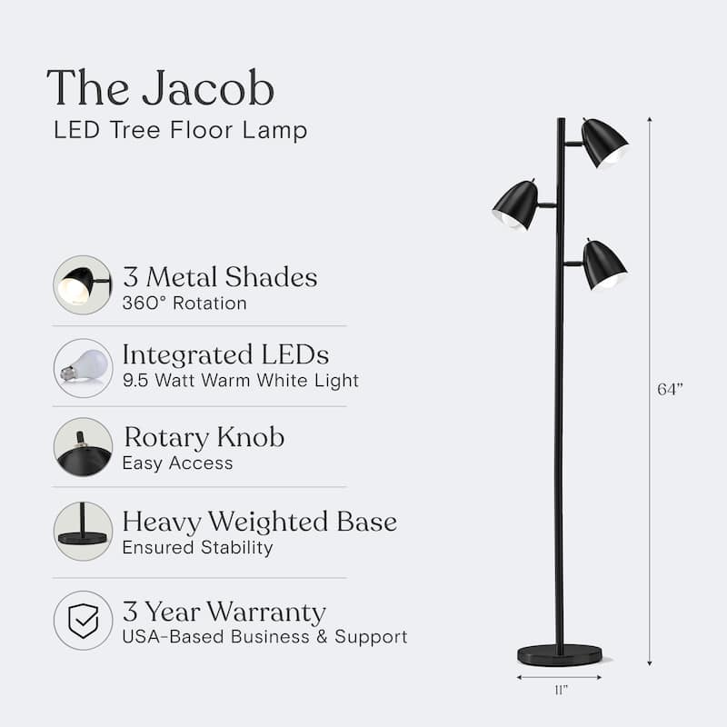 Brightech Jacob 64 in. Classic Black Mid-Century Modern 3-Light Adjustable LED Floor Lamp with 3 Black Metal Cone Shades