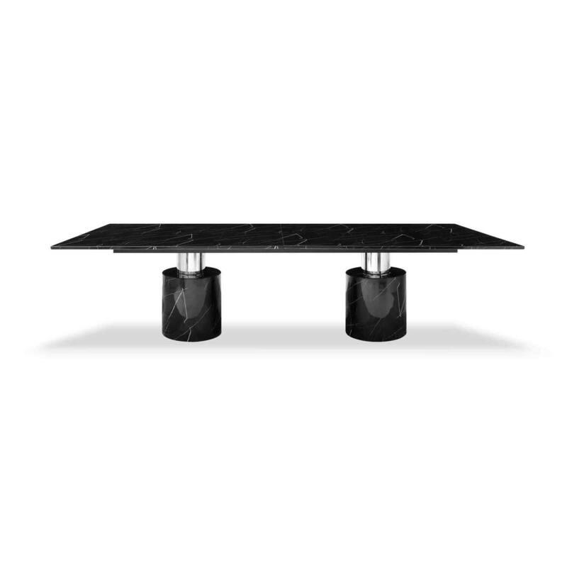 Extra Large Dining Table - Black Marble Glossy Top with Stainless Steel Base for 8 Person Dining - 63