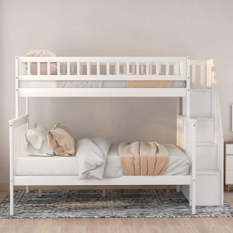 White Twin Over Full Solid Wood Bunk Bed with Storage Staircase, Convertible to Two Beds