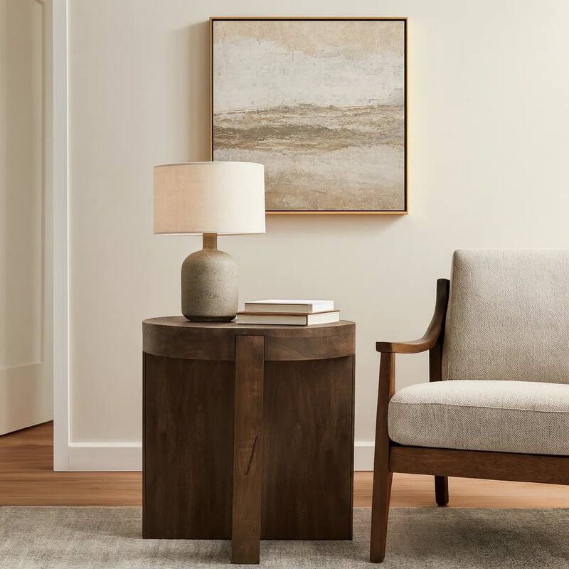 Kinaj Side End Table, Dark Brown Solid Mango Wood, Round 20 Inch