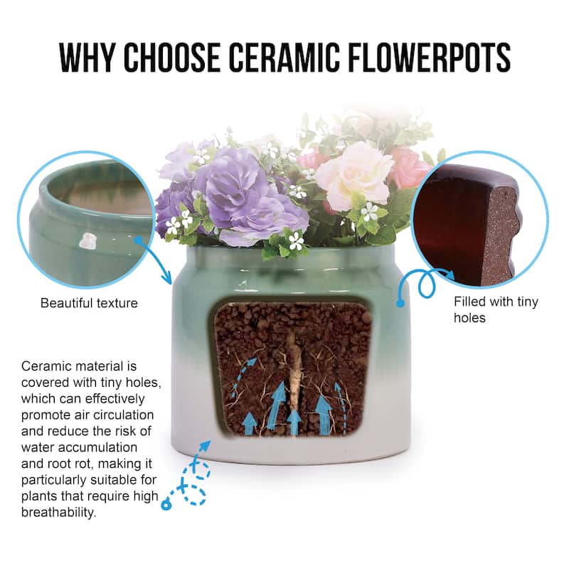 Handmade Ceramic Planter Set of 2, 8.5" & 6" Diameter, Green-White Ombre Glaze, for Aquatic Plants Indoor/Outdoor Shelf