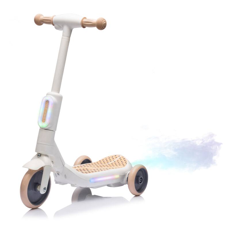 2in1 Kids Ride On Three-Wheel Balance Electric Scooter, Toy for kids, Tail Color Lights W/Spray, Wider Pedal - White