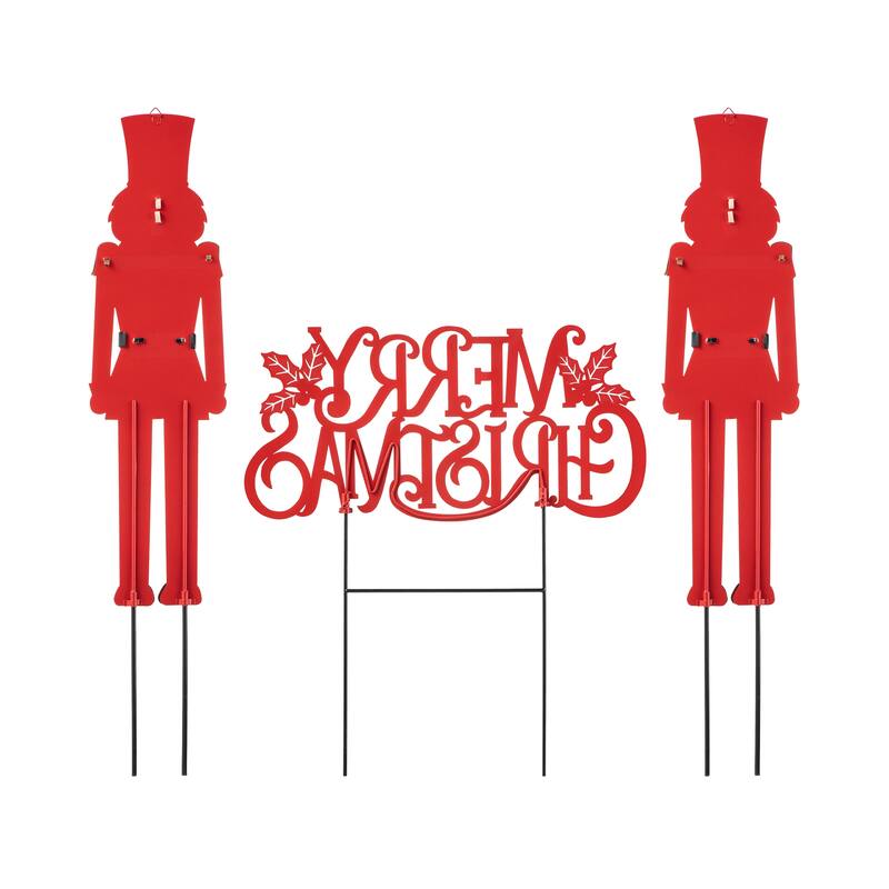 Glitzhome Metal Nutcracker with MERRY CHRISTMAS or Snowman with HAPPY HOLIDAYS Yard Stakes Wall Decor(Set of 3 )