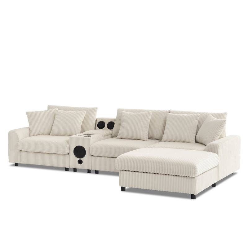 All-in-one Sectional Recliner Sofa with Bluetooth Speakers, Console, USB Charger, Cup Holders and Ottoman Chaise for Living Room