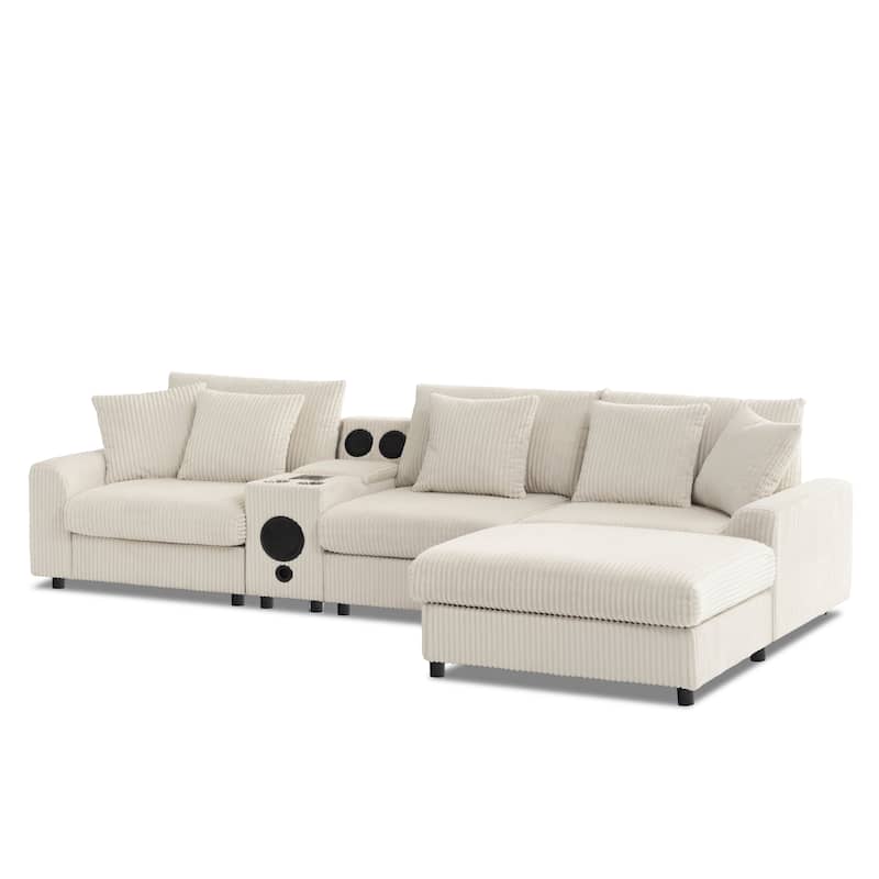 Corduroy Sectional Sofa With Bluetooth Speakers,L Shaped Couch With Console,Usb Charger,Cup Holders,Storage,Ottoman