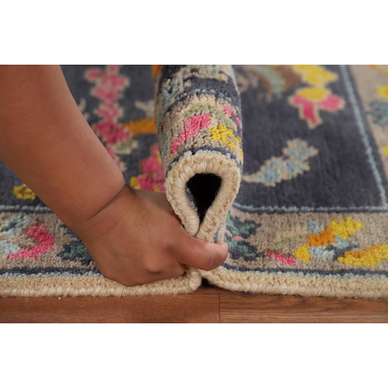Hand Knotted Oriental 100% Wool Carpet Traditional Geometric Navy Blue & Blues Art Deco Area Rug - 3' 0'' X 2' 0''