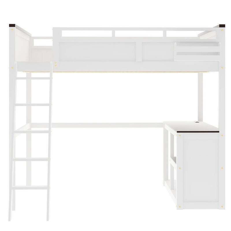 Queen Size Loft Bed with Desk,Open Shelf and a Storage Box,USB Charging Station,White